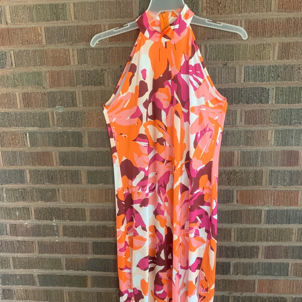 (NEVER WORN) VENUS Bright Halter Floral Dress in Orange & Pink